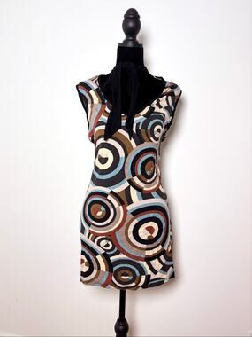 Xanaka Blue Brown Retro 70s Mod Print Tie Neck Minidress Size S